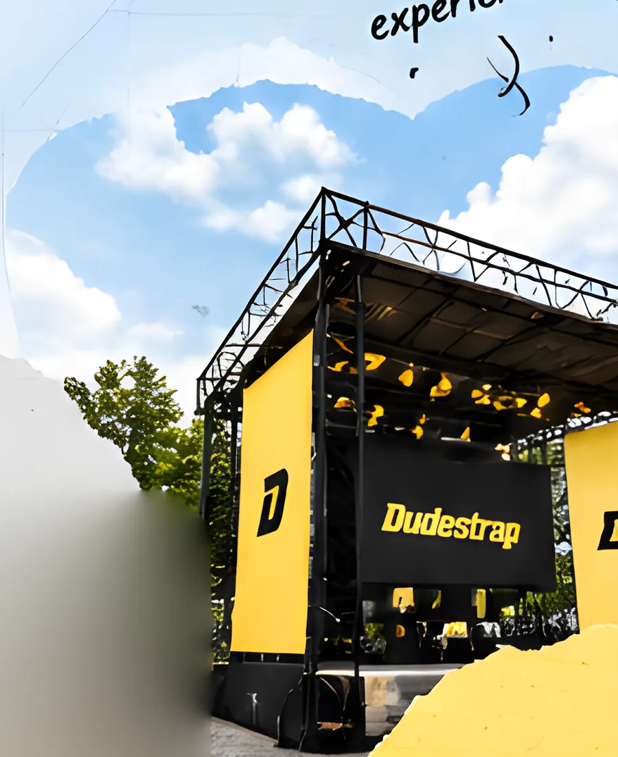 An outdoor stage with Dudestrap banners and lighting rig