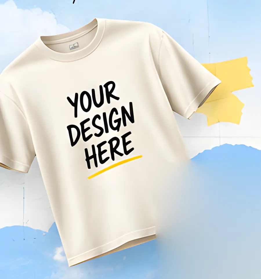 A cream T-shirt printed with “Your design here”